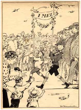 Een Mei tekening uit jaren 1920, met stripfiguren Bulletje en Bonestaak