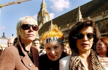 From left, Annie Lennox, Vivienne Westwood and Bianca Jagger outside Westminster