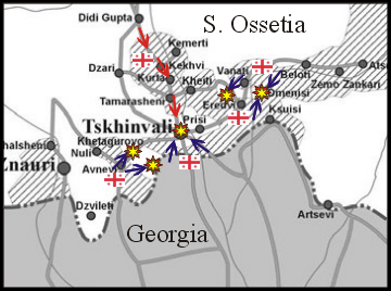 Movements of opposing forces on 8 August. Blue arrows show Georgian attacks, red