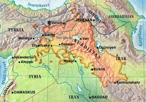 Kaart van Koerdistan met de huidige internationale grenzen