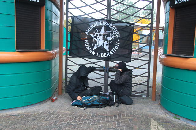 Blokkade bij het Dolfinarium Dierenactivisten blokkeren met lock-ons het Dolfinarium